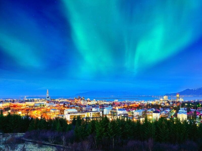 View of the northern light from Reykjavik, Iceland.