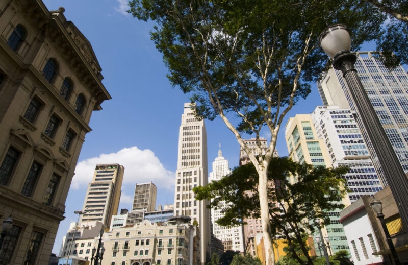 Different building styles in Sao Paulo with trees between them.