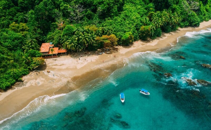 Aerial Drone View of a tropical island in Costa