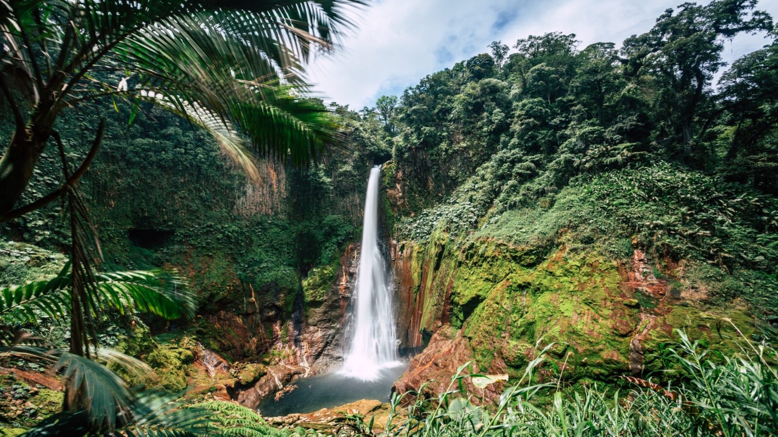 Cascading waterfall in the jungle of Costa Rica