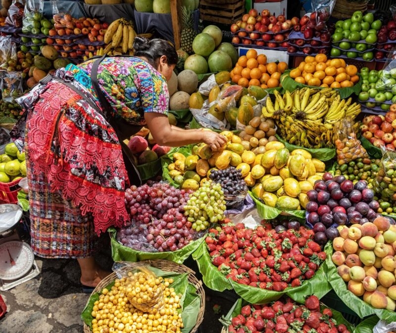 A bright food stall at a market in Guatemala.