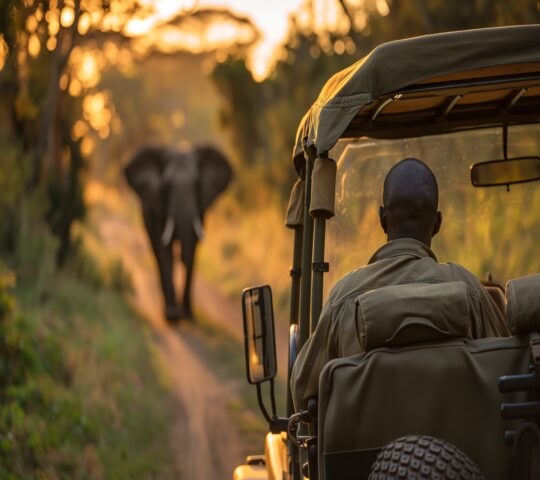 View from behind a safari vehicle heading towards an elephant silhouetted against the sunrise on a game drive in Africa
