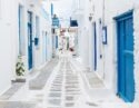 Whitewashed buildings with blue doors in Mykonos town