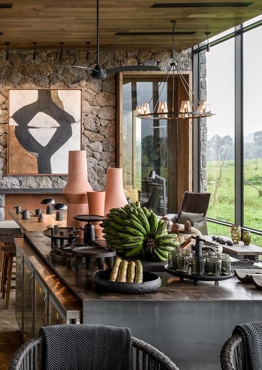 Tropical produce displayed at the bar of Singita Kwitonda Lodge in Rwanda, breakfast served near Sasaab in Kenya’s Samburu National Reserve and fresh vegetables harvested in the garden at Lewa Wilderness.