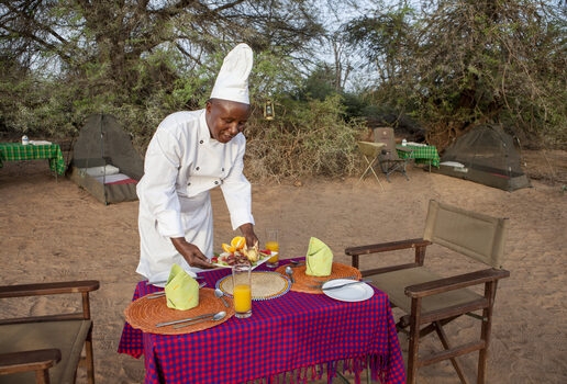 Tropical produce displayed at the bar of Singita Kwitonda Lodge in Rwanda, breakfast served near Sasaab in Kenya’s Samburu National Reserve and fresh vegetables harvested in the garden at Lewa Wilderness.