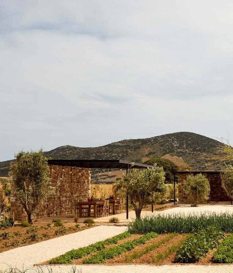 The cosy dining room at The Pig at Harlyn Bay and the organic farm at The Rooster on the island of Antiparos, Greece.