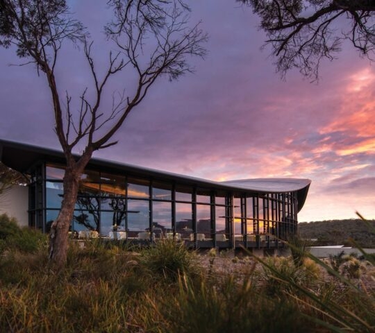 The exterior of Saffire Freycinet at sunset