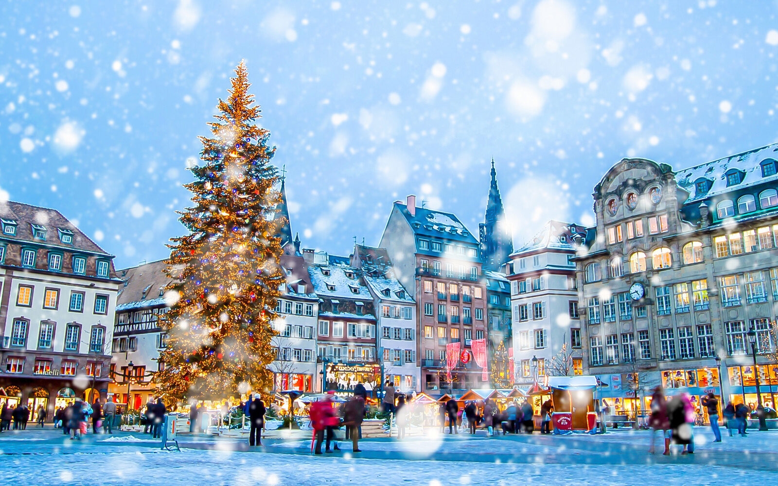 Christmas market under the snow in Strasbourg, the Alsace region of France.