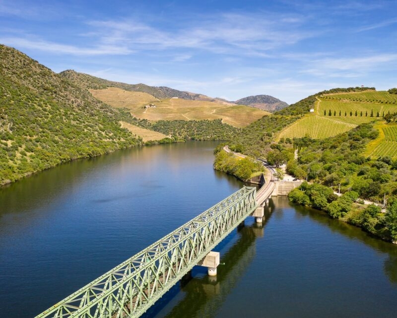 Aerial view of the Douro Valley railway bridge over the river