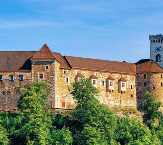 ld castle tower Slovenian flag on hill Ljubljana Slovenia