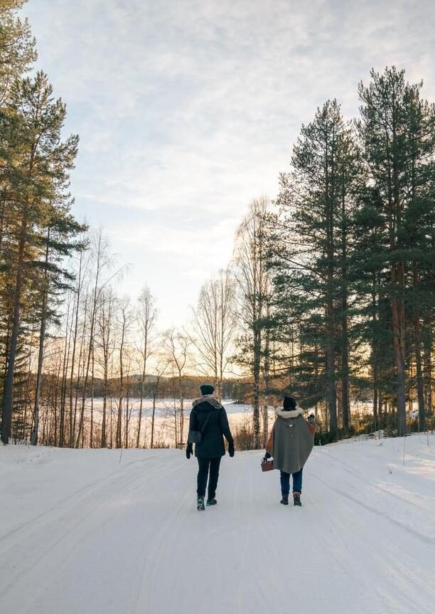 Luxury European Tours - Two people walk in the snow covered forest in Swedish Sápmi