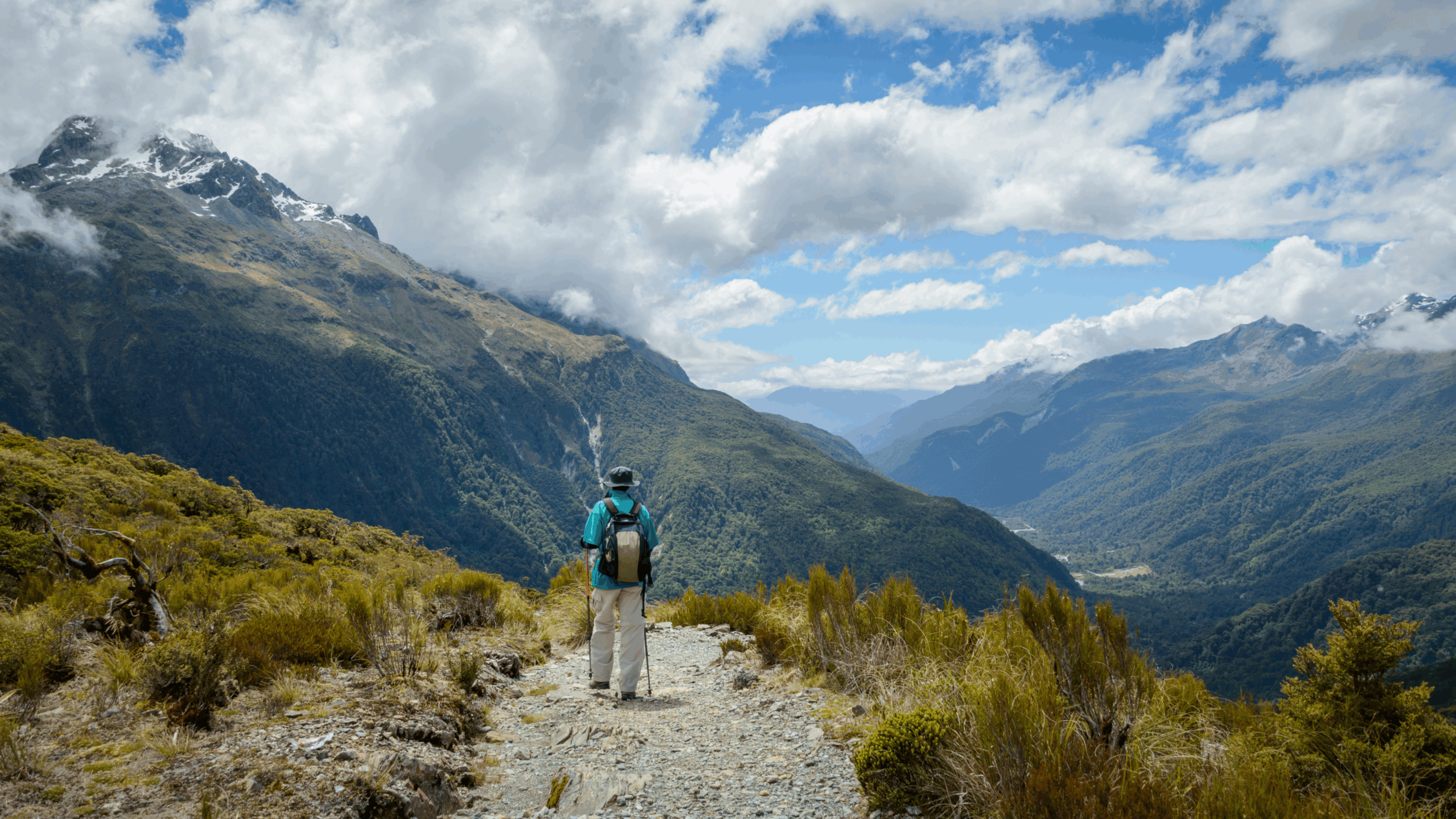A person hiking the routeburn track in New Zealand