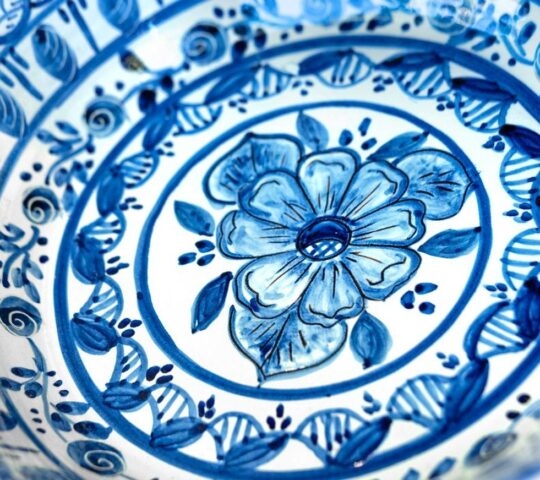 A close up of an ornate Portuguese ceramic plate.