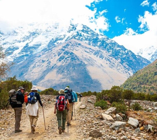 A group of people hiking the Salkantay trek to Machu Picchu