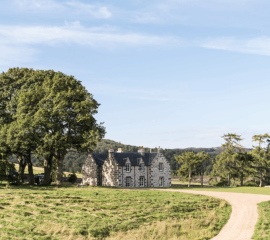 Wide view of a grassy area with trees, dirt roads and an old stone house, with mountains in the distance