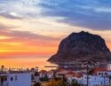 The island town of Monemvasia viewed from the mainland at sunset