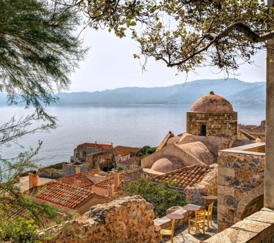The ancient stone buildings and churches of Monemvasia in Greece