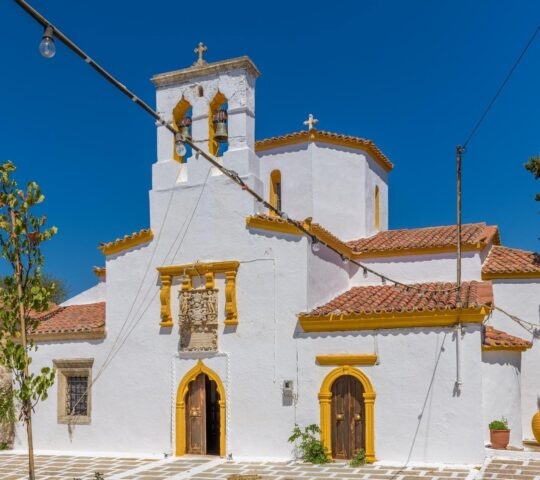 The white and yellow monastery of agioi theodoroi on Kythera island in Greece