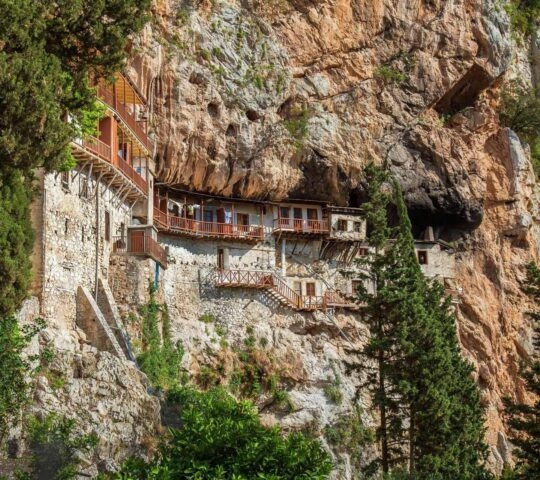Prodromos monastery, built into the side of a cliff in Arcadia, greece