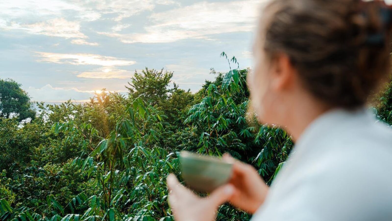 Woman on a luxury holiday drinks from a tea cup overlooking natural landscape as the sun rises over trees.