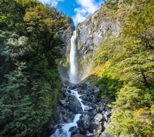 Downloaded Devils Punchbowl Waterfall thunders down in the Arthur's Pass National Park in New Zealand
