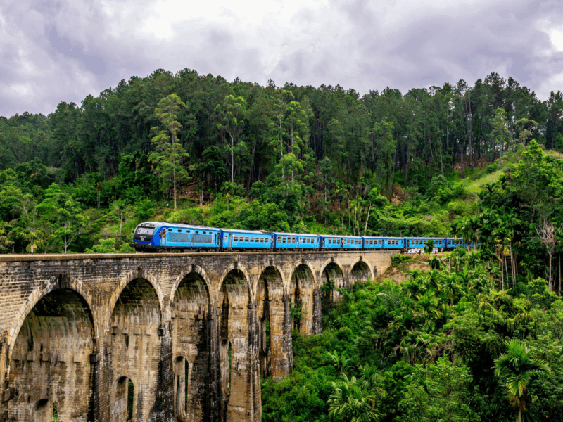 The iconic blue train journey through the lush tea plantations of the Sri Lankan Highlands, offering exclusive views of the rolling hills between Kandy and Ella.