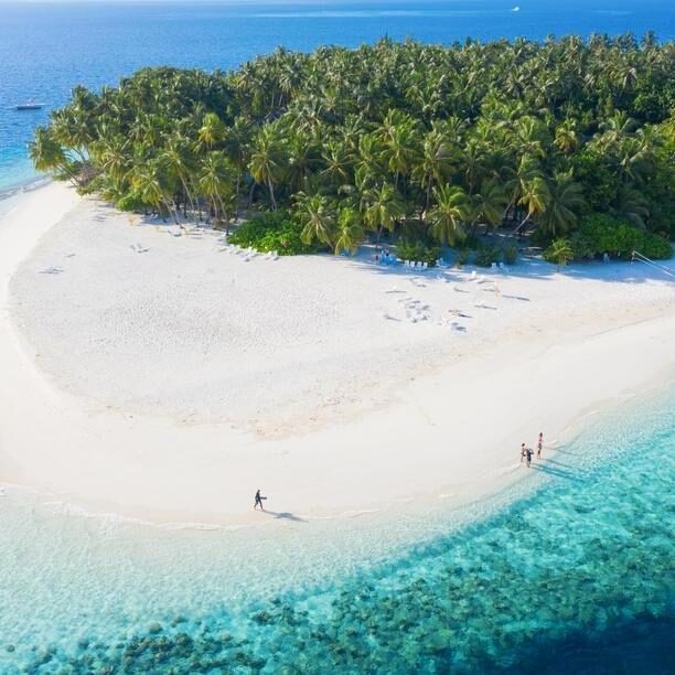 Aerial image of Maldivian beach with a family playing on the ocean
