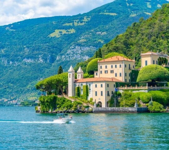 Villa del Balbianello at Lake Como in Italy as seen from the water.