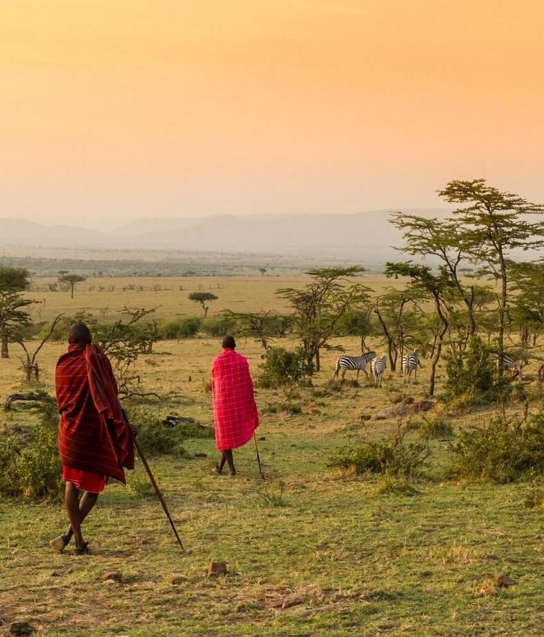 Guided bush walk in the Mara conservancies with local Maasai, and Marienfluss Valley’s desert track and mountain backdrops in Namibia’s Marienfluss conservancies.