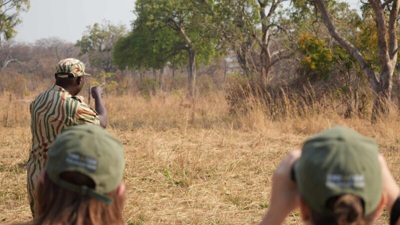 A guide in a striped uniform pointing into the distance for two people wearing green caps.