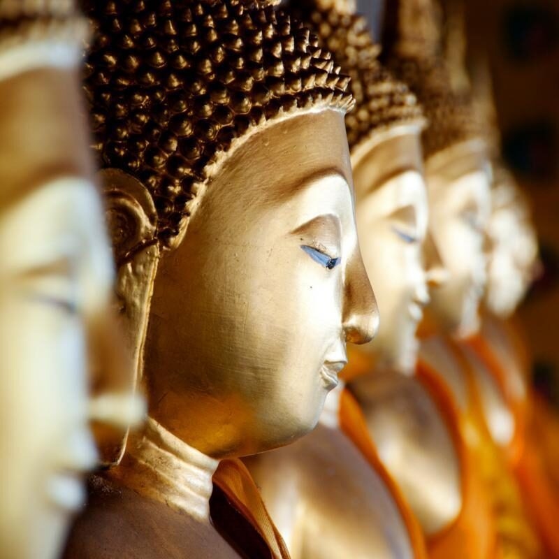 A perspective row of golden Buddha statues with serene expressions and intricate headpieces.