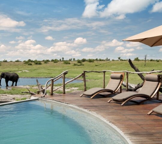 A deck at Somalisa Camp with a pool and sun loungers facing a wild elephant at a watering hole.