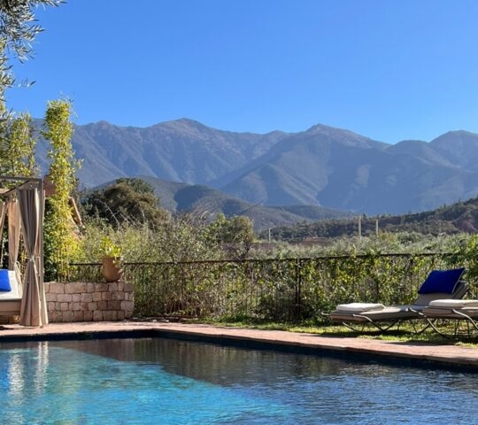 A luxury swimming pool with blue cushioned loungers and a cabana overlooking the Atlas Mountains in Morocco.