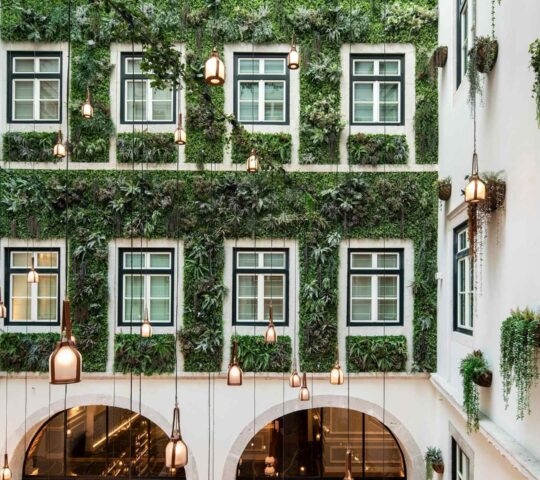 An interior courtyard with living wall covering the building at Palacio Ludovice in Lisbon