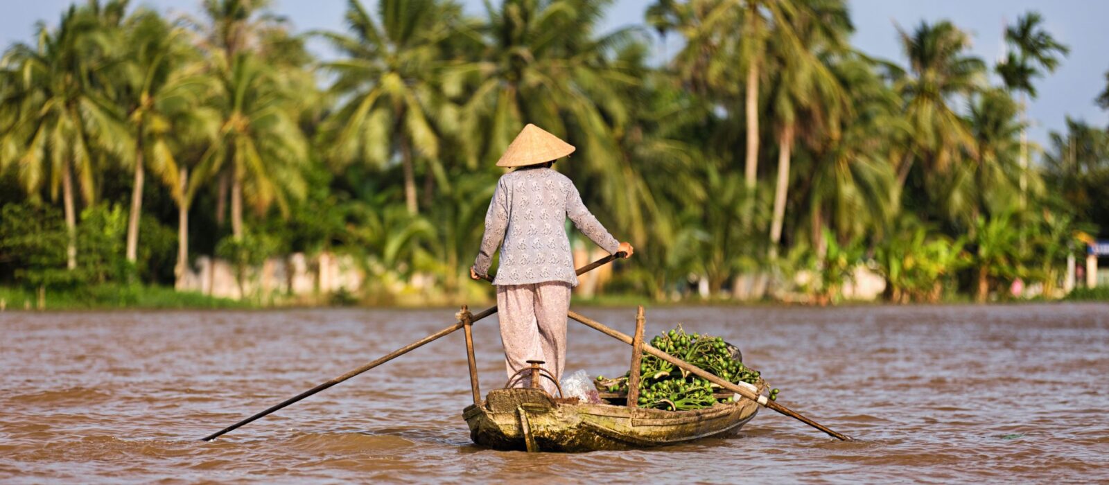 A local in traditional Vietnamese dress rowing their boat, laded with produce, down the Mekong River, Vietnam