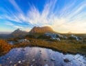 Panoramic view of cradle mountain in the golden light