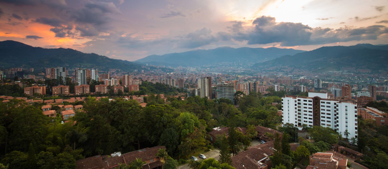 The skyline of Medellin, Colombia at sunset