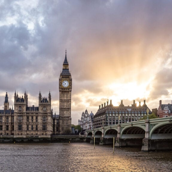 Big Ben and Parliament from across Thames River at sunset, London, UK