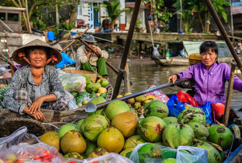 Vietnamese woman selling coconuts on floating market, Mekong River Delta, Vietnam