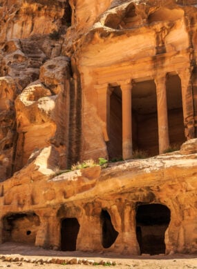 Caved buildings of Little Petra in Siq al-Barid, Wadi Musa, Jordan at daytime