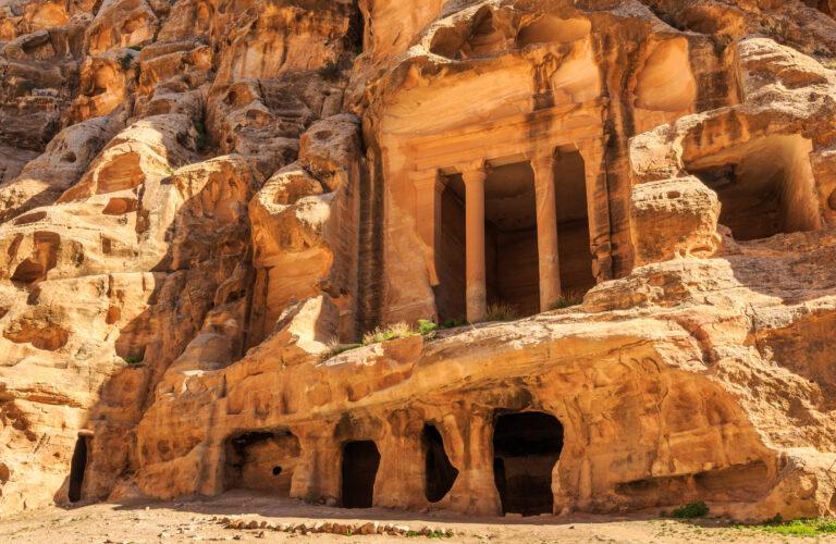 Caved buildings of Little Petra in Siq al-Barid, Wadi Musa, Jordan at daytime