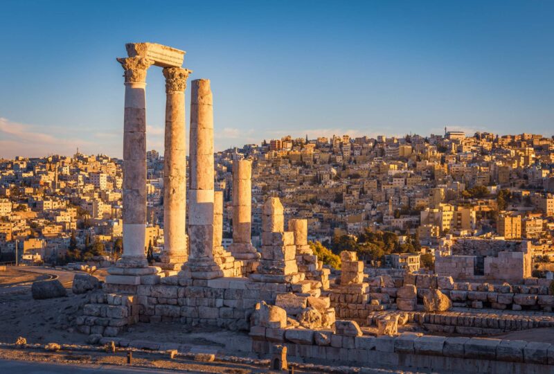 The column remains of the Temple of Hercules overlooking the sand-coloured city of Amman in Jordan