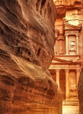 View of Sig in Petra, Jordan, from between the two red rock faces at the entrance