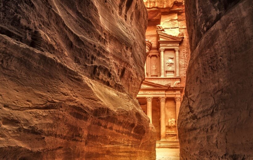 View of Sig in Petra, Jordan, from between the two red rock faces at the entrance