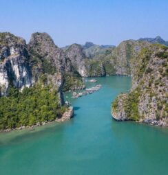 Aerial view of Floating fishing village in Lan Ha Bay, Vietnam. UNESCO World Heritage Site. Near Ha Long bay