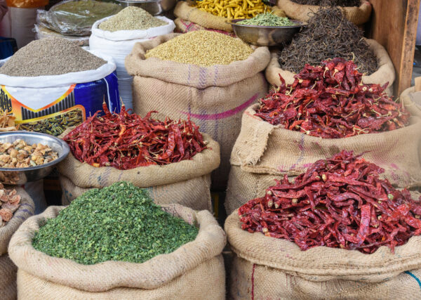 Bags and sacks with spices, seeds, roots for sale at local market in Bikaner. Rajasthan. India