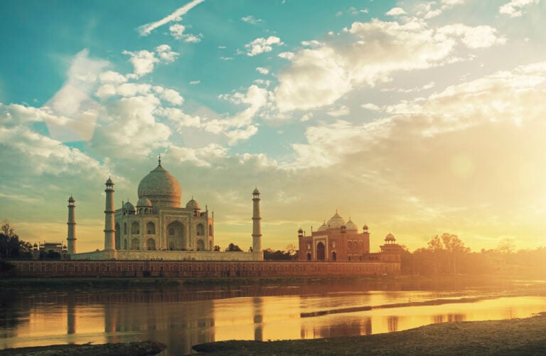 Taj Mahal, Agra, India in the lights of the sunset.