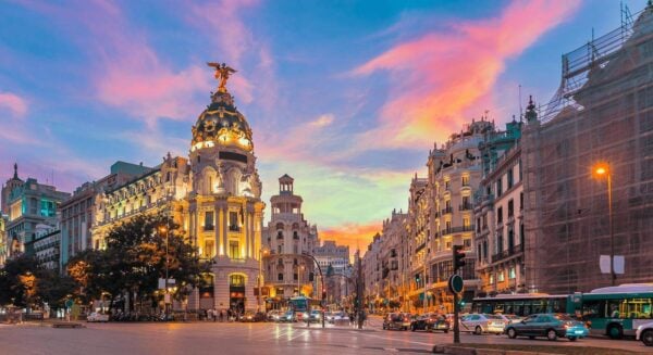Madrid city skyline Gran via Street at twilight, Spain