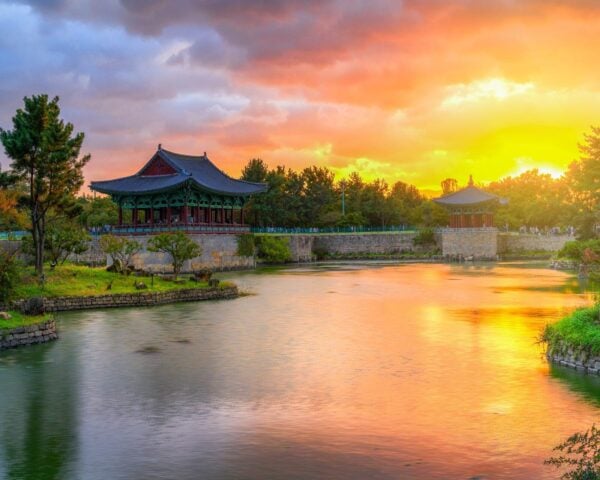 Anapji sunset at Donggung Palace and Wolji Pond in gyeongju national park, South Korea