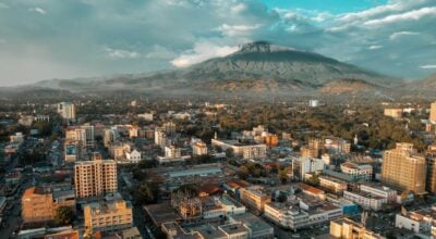 Aerial view of Arusha City in front of Mount Meru, Tanzania